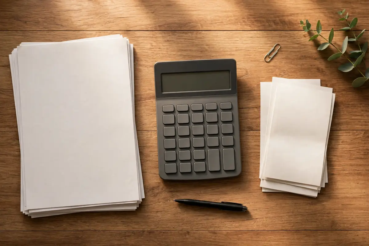 Calculator with tax documents and receipts on desk
