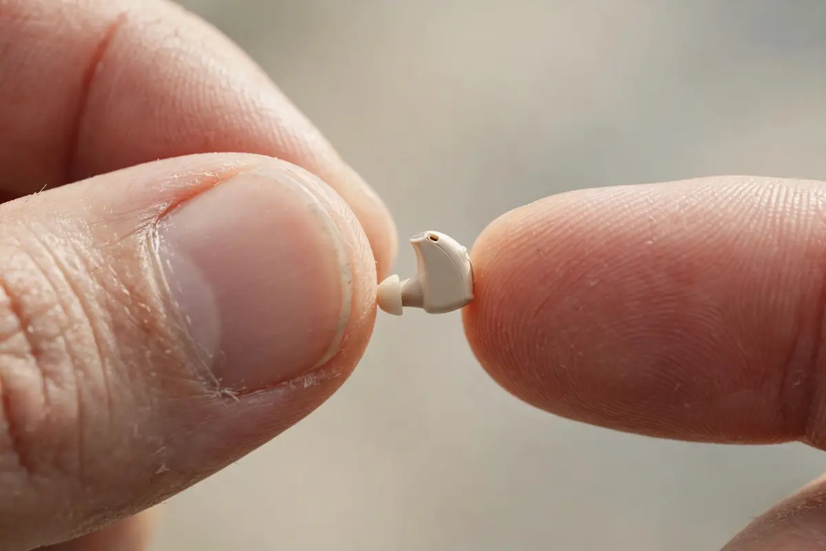 Tiny beige hearing aid held between fingertips close-up