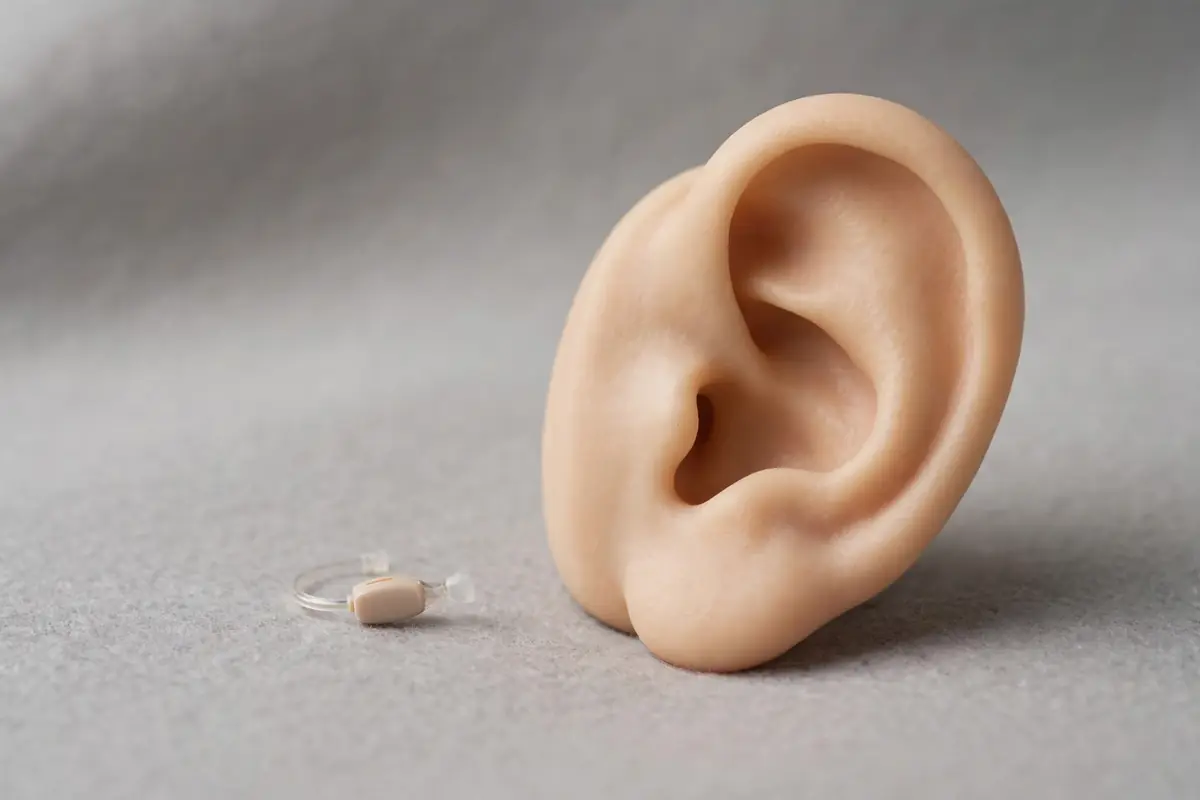 Discreet hearing aid beside a realistic ear model