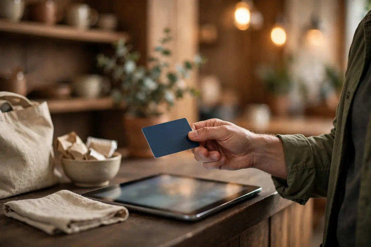 Person paying with credit card at a checkout counter
