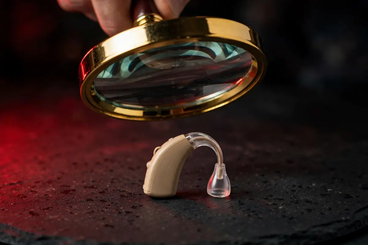 Hearing aid examined under magnifying glass with red lighting