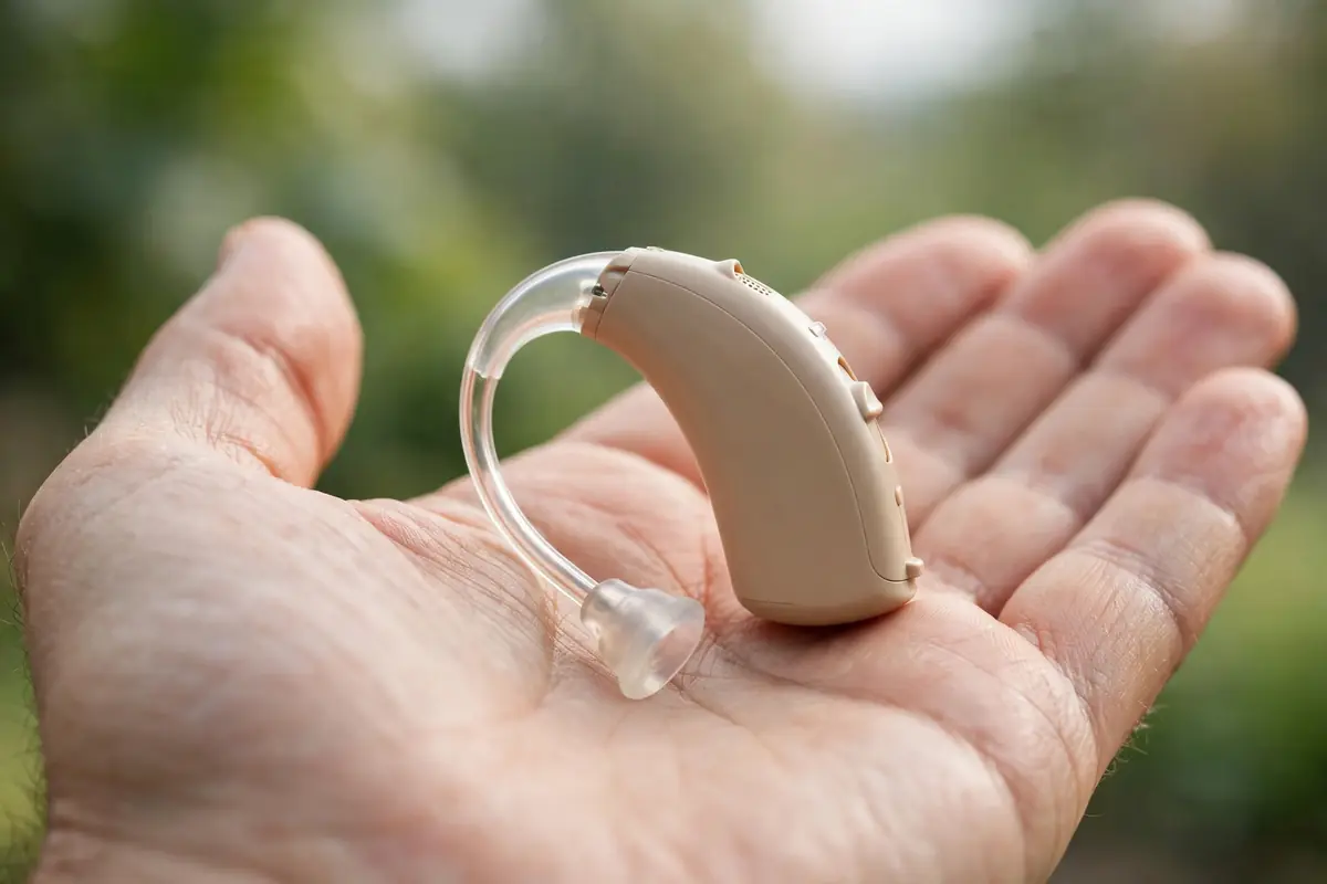 Classic beige hearing aid resting in an open palm