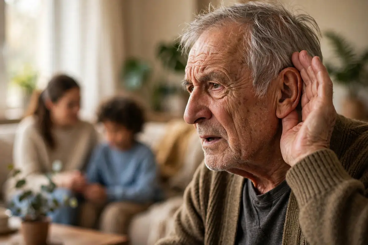 Senior man cupping his ear to hear better