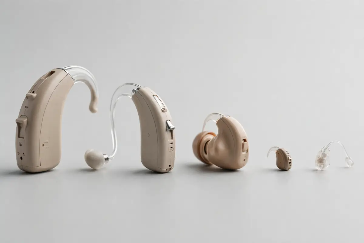 Five different hearing aid styles lined up in a row